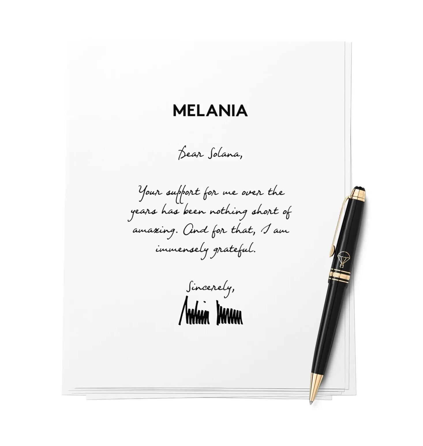 A handwritten thank you note with an elegant black and gold pen